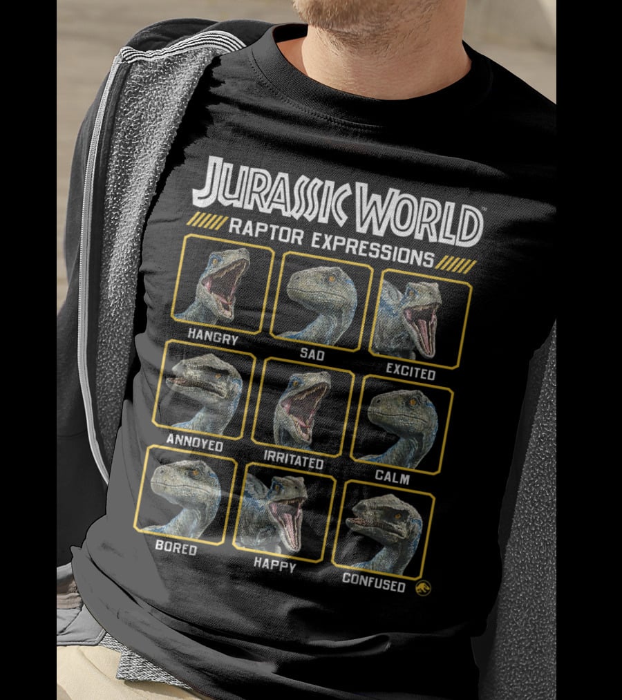 Jurassic World Raptor Expressions Hangry Sad Excited Annoyed Irritated Calm Bored Happy Confused T-Shirt