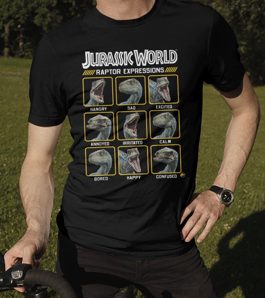 Jurassic World Raptor Expressions Hangry Sad Excited Annoyed Irritated Calm Bored Happy Confused T-Shirt
