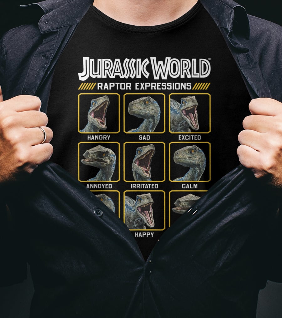 Jurassic World Raptor Expressions Hangry Sad Excited Annoyed Irritated Calm Bored Happy Confused T-Shirt