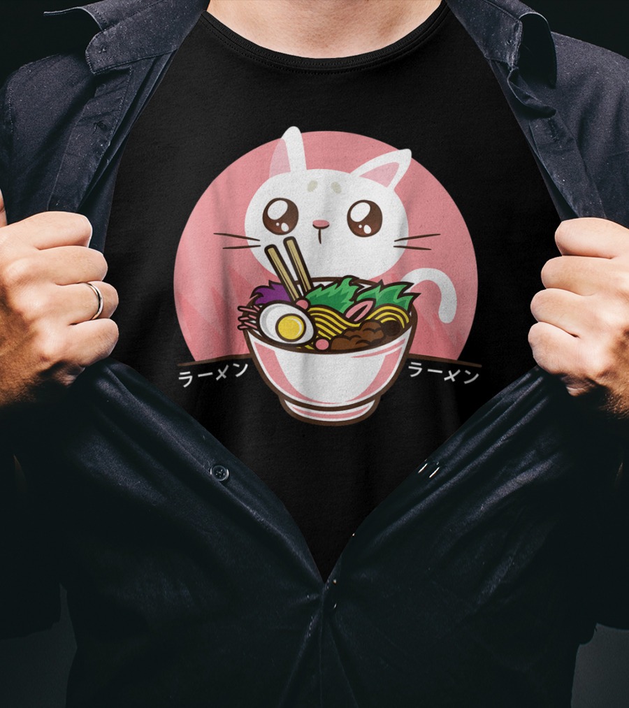 Kawaii Japanese Ramen Noodles Anime Cat Love T-Shirt