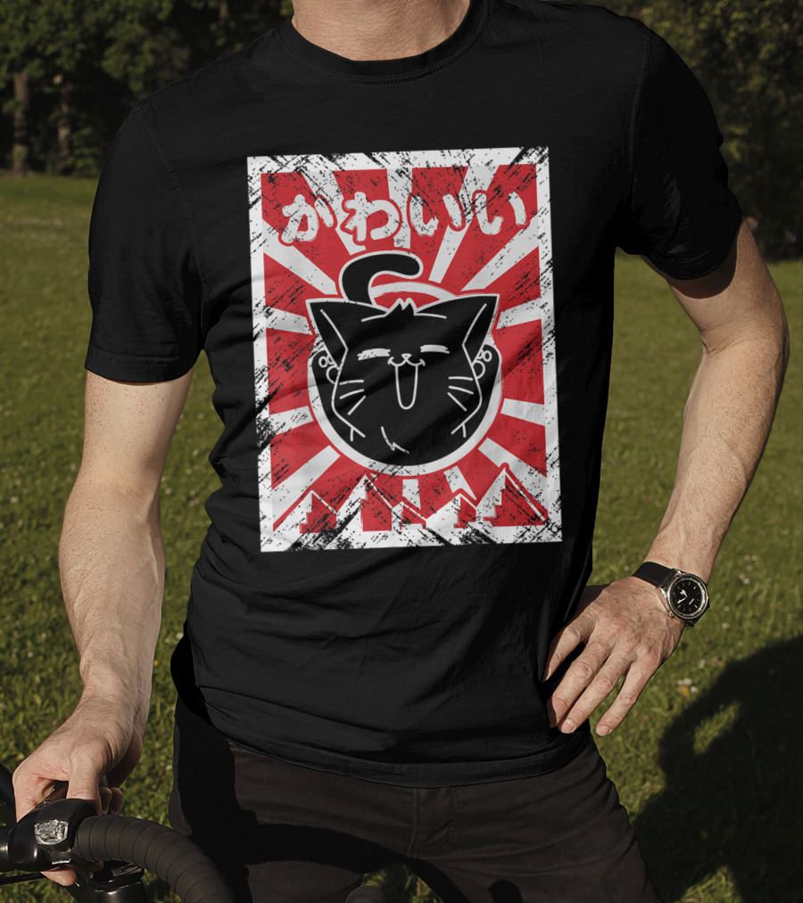 Kawaii Anime Cute Japanese Cat With Red Rising Sun Background T-Shirt