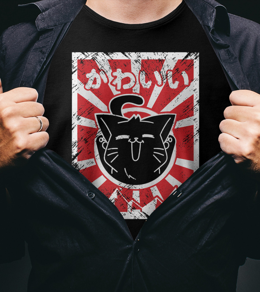 Kawaii Anime Cute Japanese Cat With Red Rising Sun Background T-Shirt