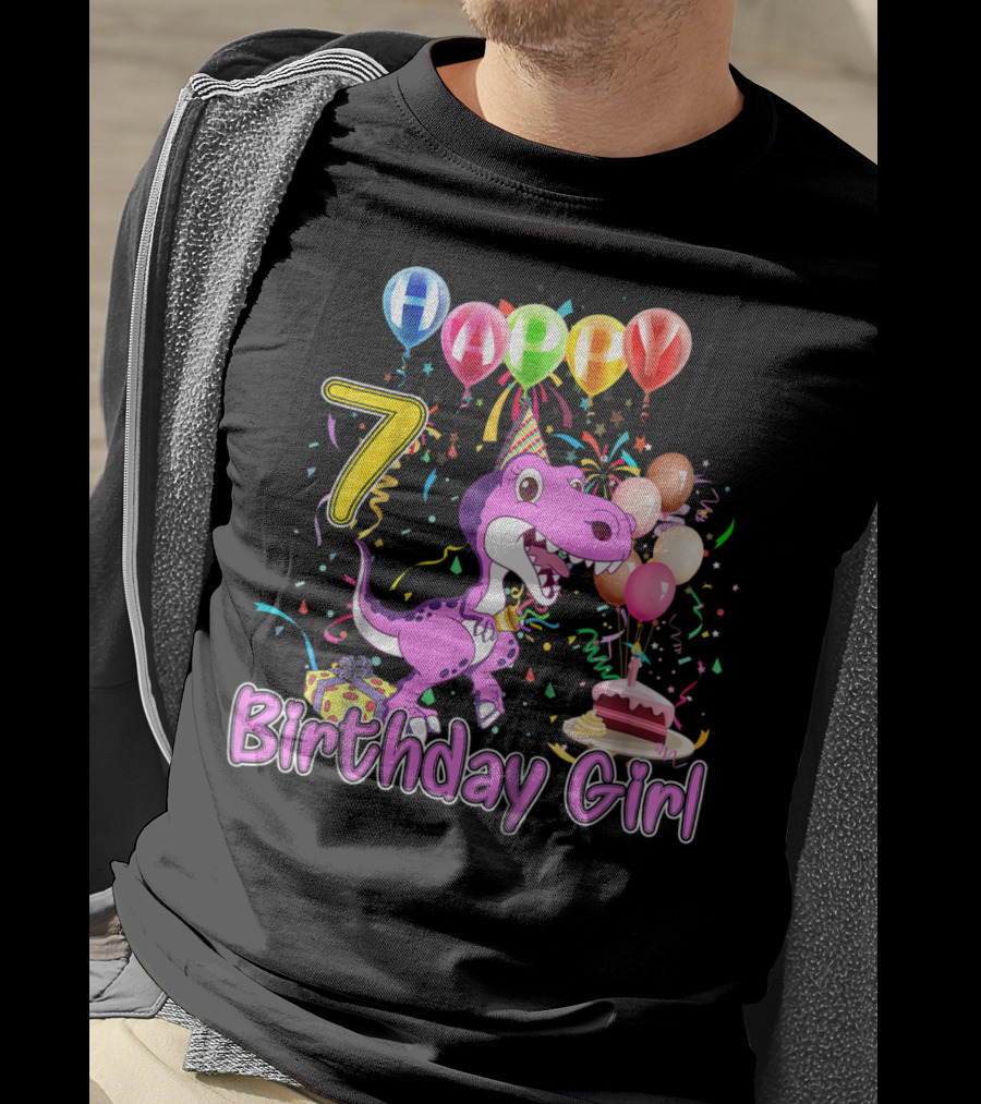 Happy 7 Birthday Girl Dinosaur Party Balloons Cake T-Shirt