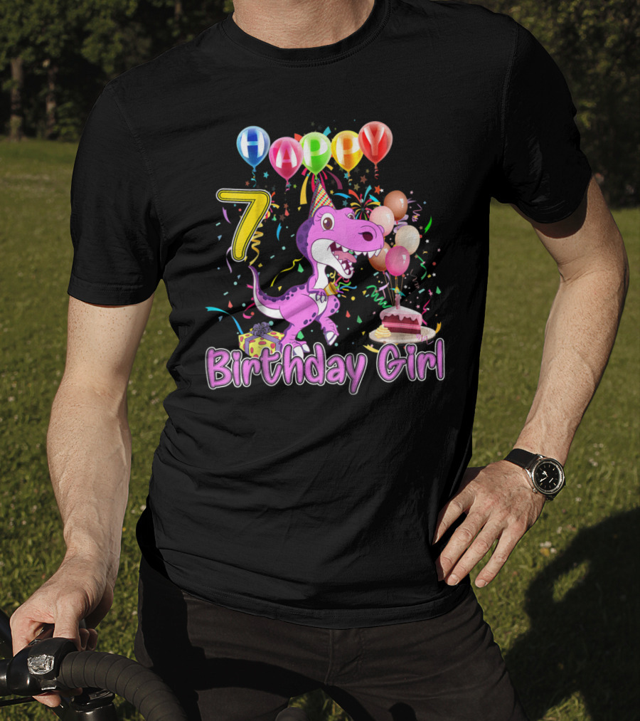 Happy 7 Birthday Girl Dinosaur Party Balloons Cake T-Shirt