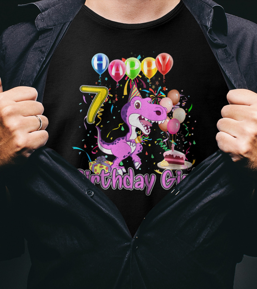 Happy 7 Birthday Girl Dinosaur Party Balloons Cake T-Shirt