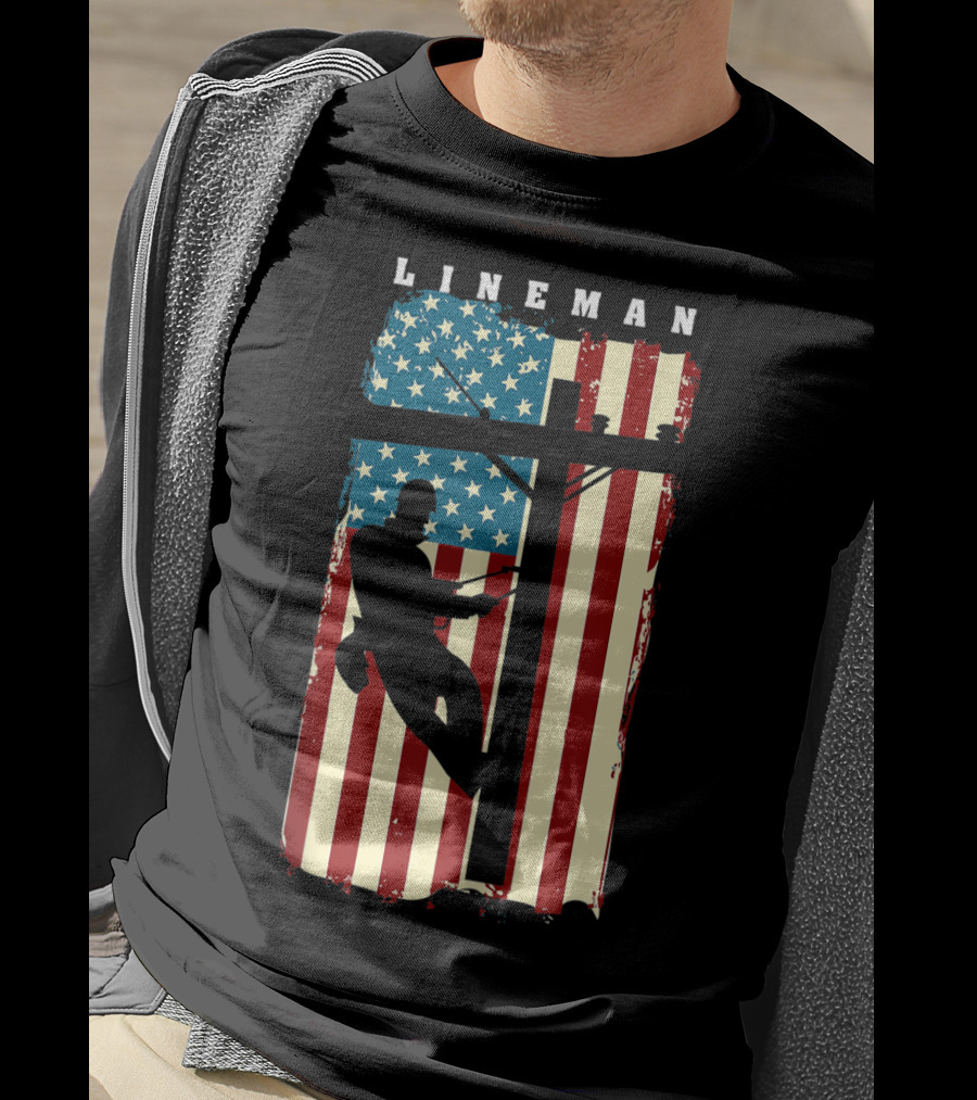 Lineman Silhouette Against American Flag Background With Electric Cable Pole T-Shirt