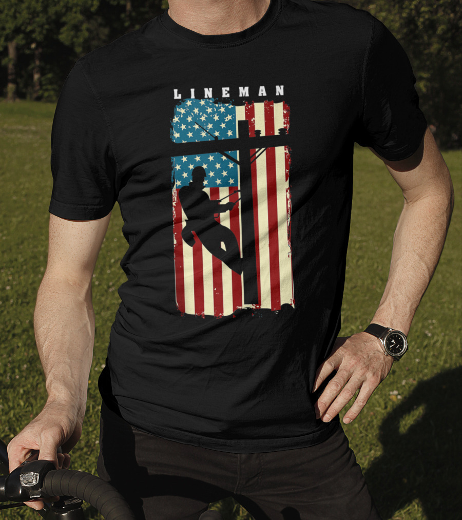Lineman Silhouette Against American Flag Background With Electric Cable Pole T-Shirt