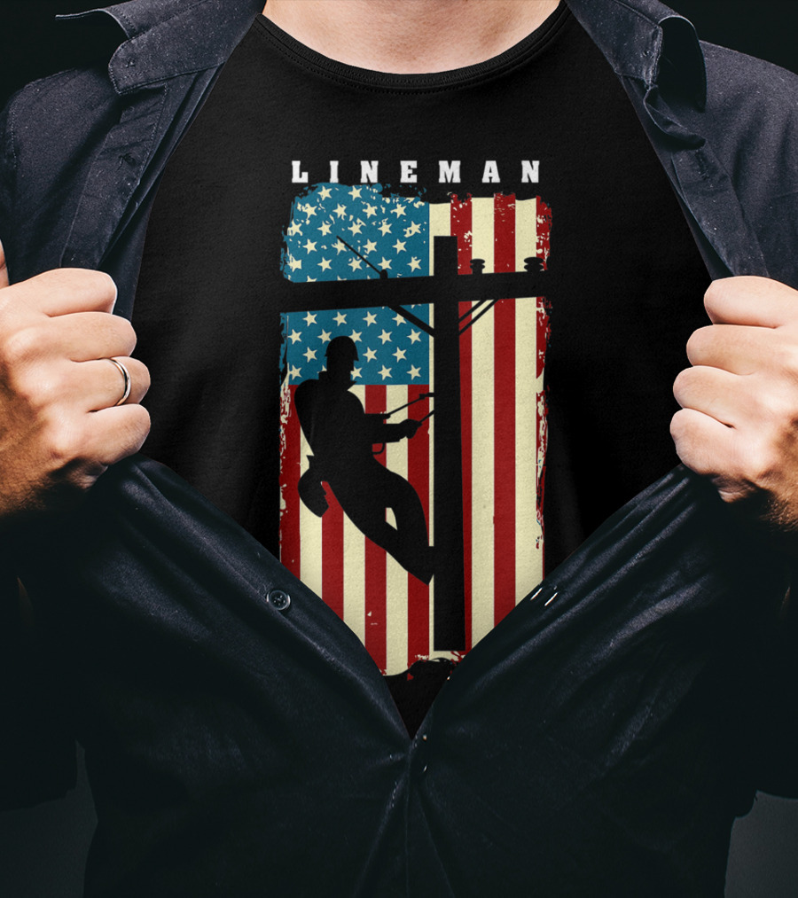 Lineman Silhouette Against American Flag Background With Electric Cable Pole T-Shirt