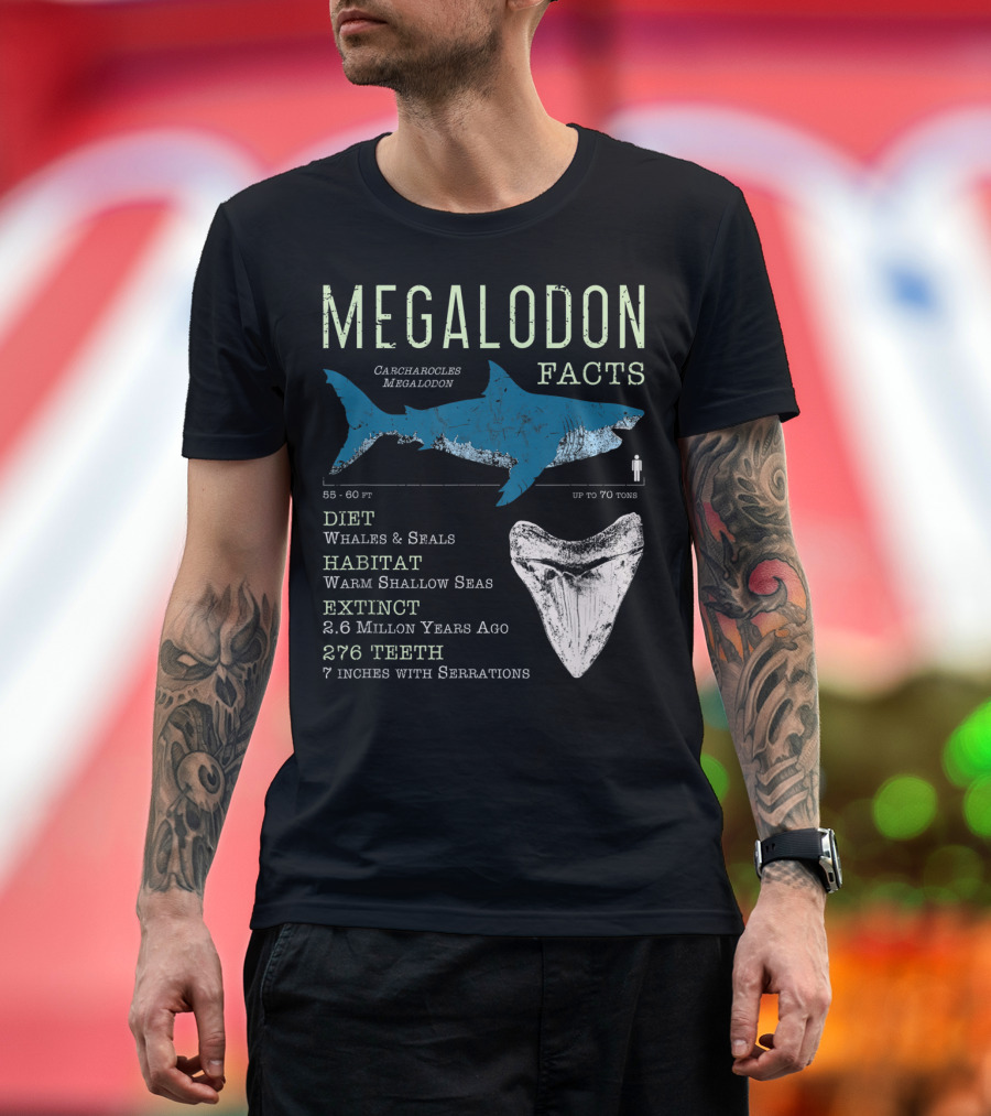 Megalodon Facts Funny Shark Lover Carcharocles Megalodon Diet Habitat Extinct 276 Teeth T-Shirt