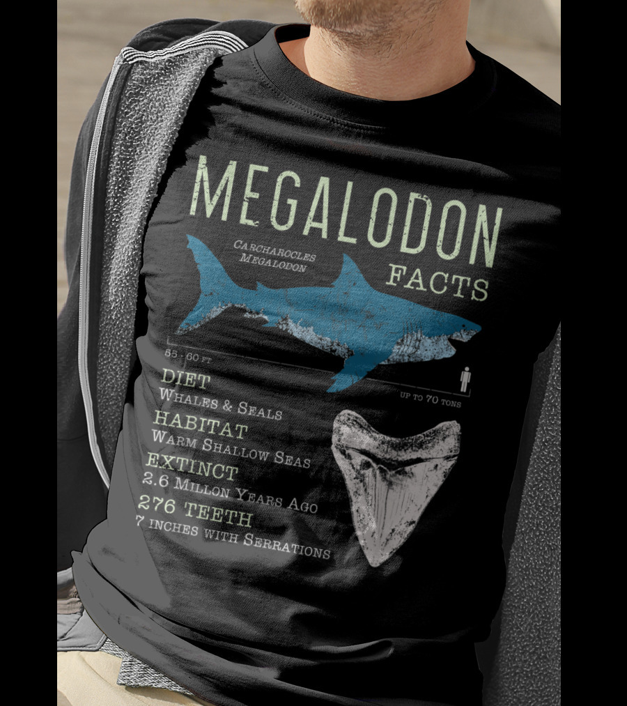 Megalodon Facts Funny Shark Lover Carcharocles Megalodon Diet Habitat Extinct 276 Teeth T-Shirt