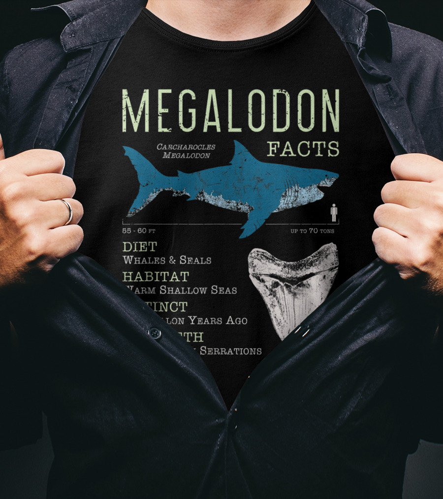 Megalodon Facts Funny Shark Lover Carcharocles Megalodon Diet Habitat Extinct 276 Teeth T-Shirt