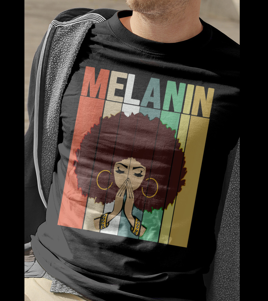 Melanin Vintage Black Afro Woman Prayer Hands Golden Hoop Earrings T-Shirt
