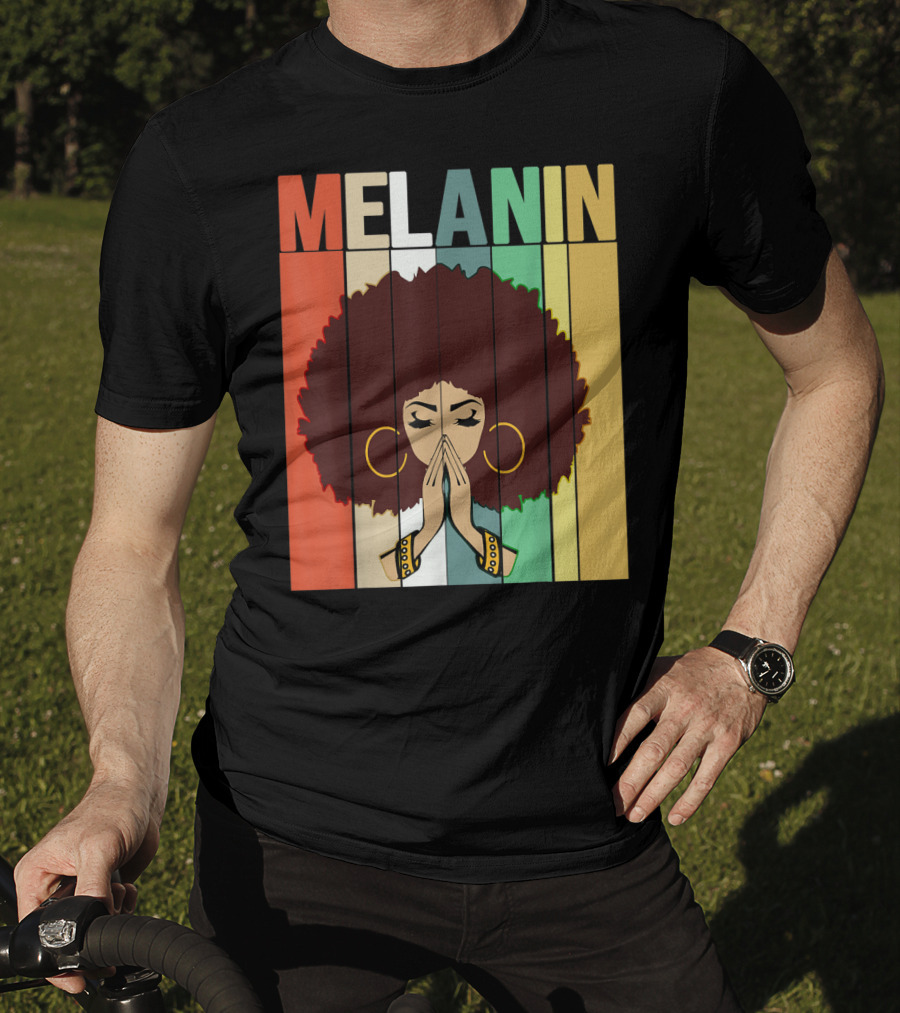 Melanin Vintage Black Afro Woman Prayer Hands Golden Hoop Earrings T-Shirt