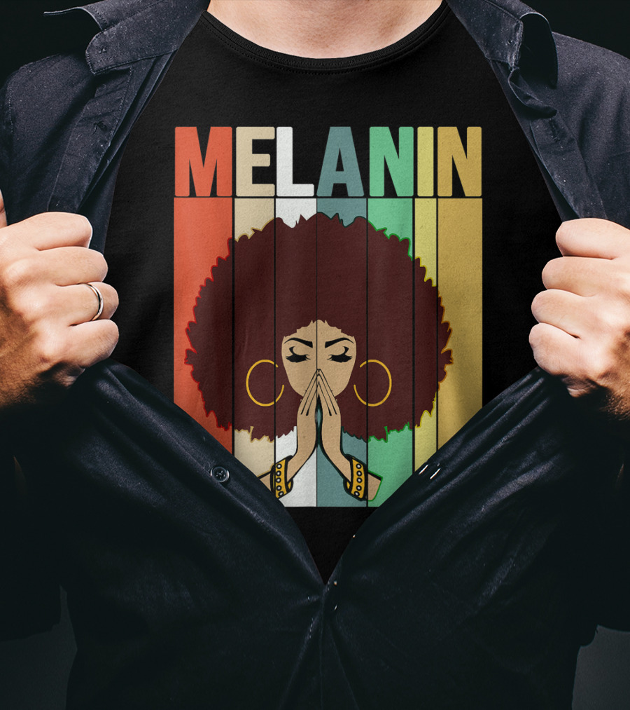 Melanin Vintage Black Afro Woman Prayer Hands Golden Hoop Earrings T-Shirt
