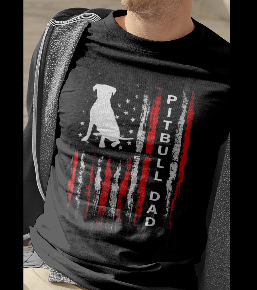 Mens Pitbull Dad American Flag Bully Dog T-Shirt
