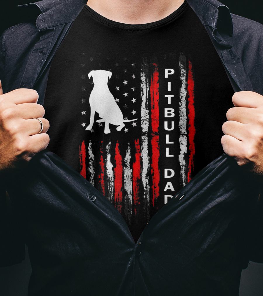 Mens Pitbull Dad American Flag Bully Dog T-Shirt