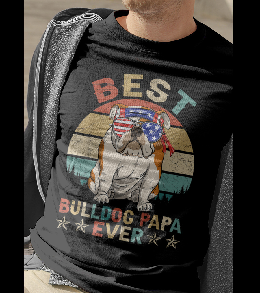 Best Bulldog Papa Ever Vintage Patriotic American Flag Dog T-Shirt
