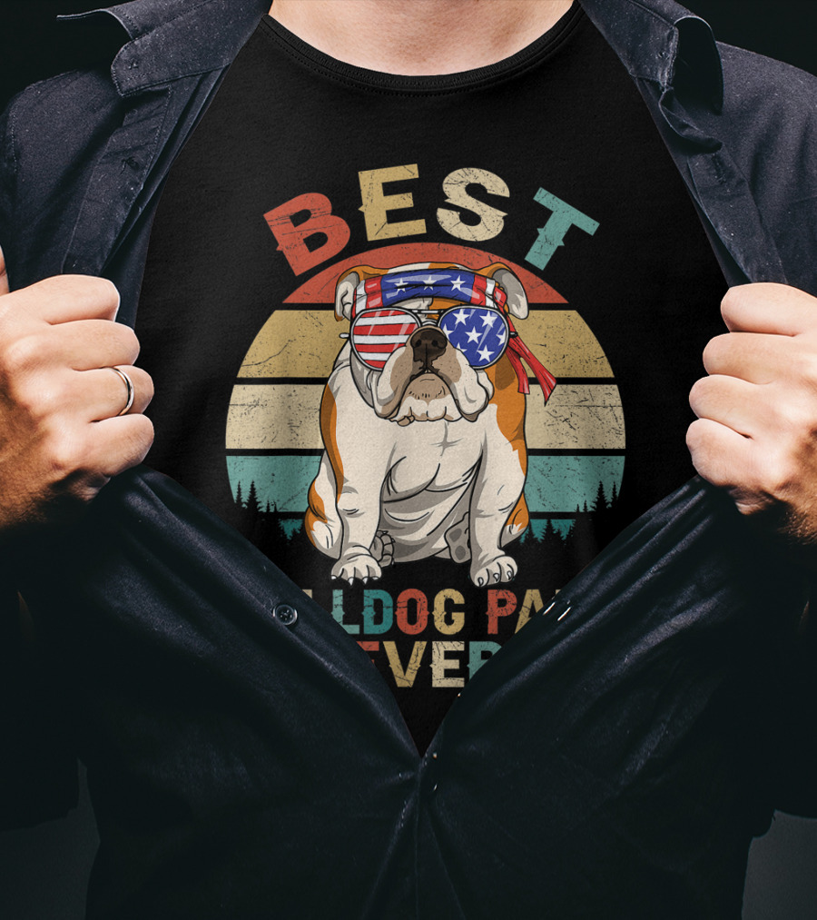 Best Bulldog Papa Ever Vintage Patriotic American Flag Dog T-Shirt