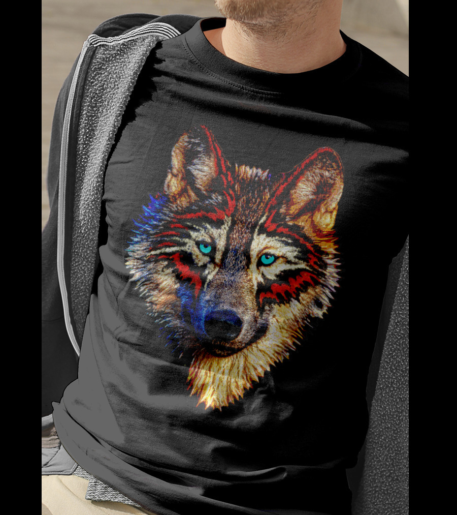 Mens Womens Kids Native American Timber Wolf Cool Bright Colorful Wolf Face T-Shirt