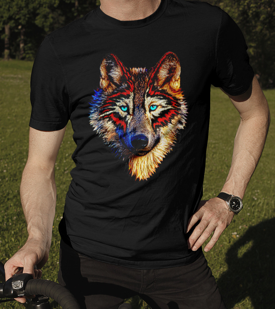Mens Womens Kids Native American Timber Wolf Cool Bright Colorful Wolf Face T-Shirt