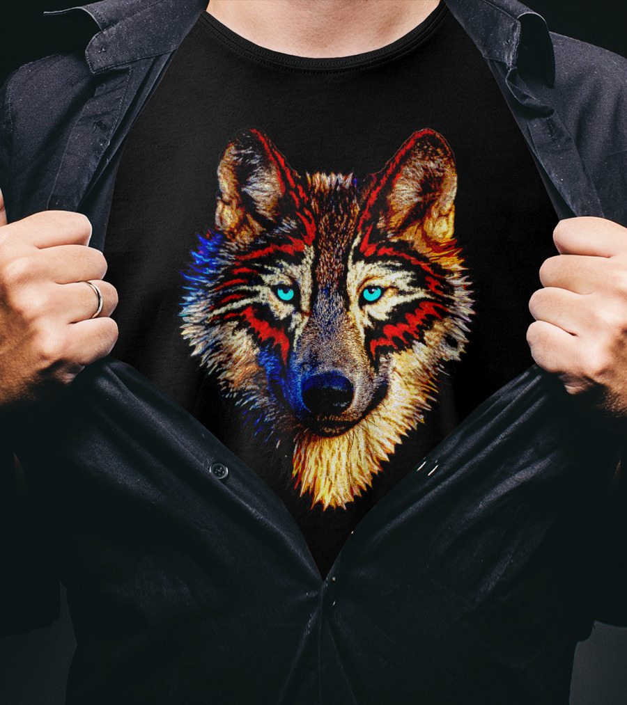 Mens Womens Kids Native American Timber Wolf Cool Bright Colorful Wolf Face T-Shirt