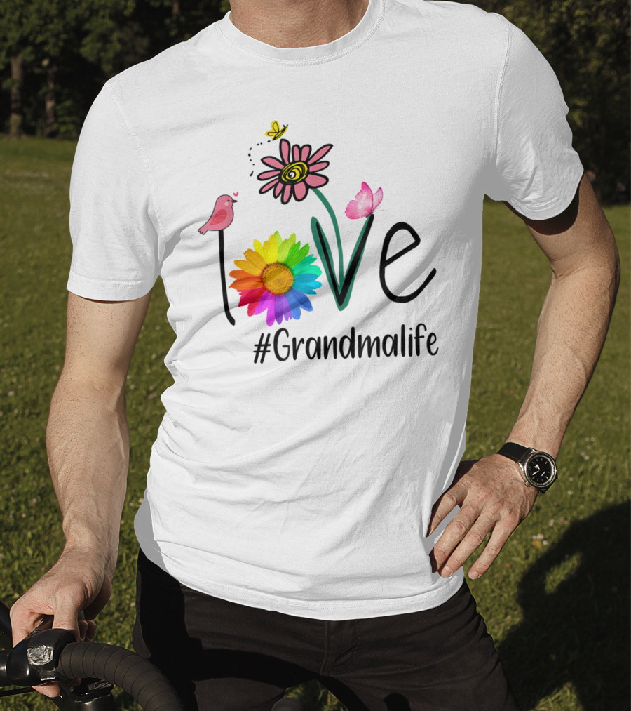 Love #Grandmalife Rainbow Heart Floral Bird Butterfly T-Shirt