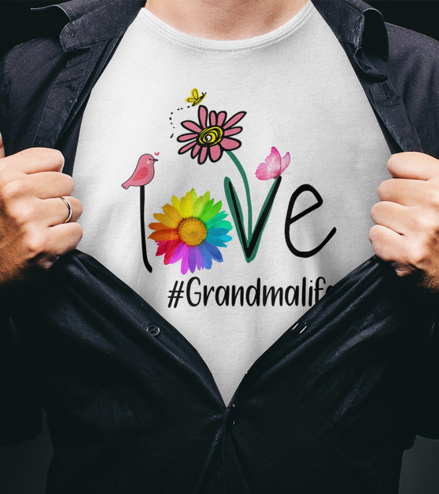 Love #Grandmalife Rainbow Heart Floral Bird Butterfly T-Shirt