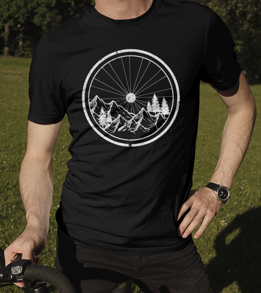 Mountain Bike MTB Bicycle Cycling Wheel With Mountains And Trees T-Shirt