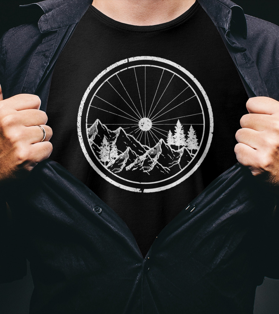 Mountain Bike MTB Bicycle Cycling Wheel With Mountains And Trees T-Shirt