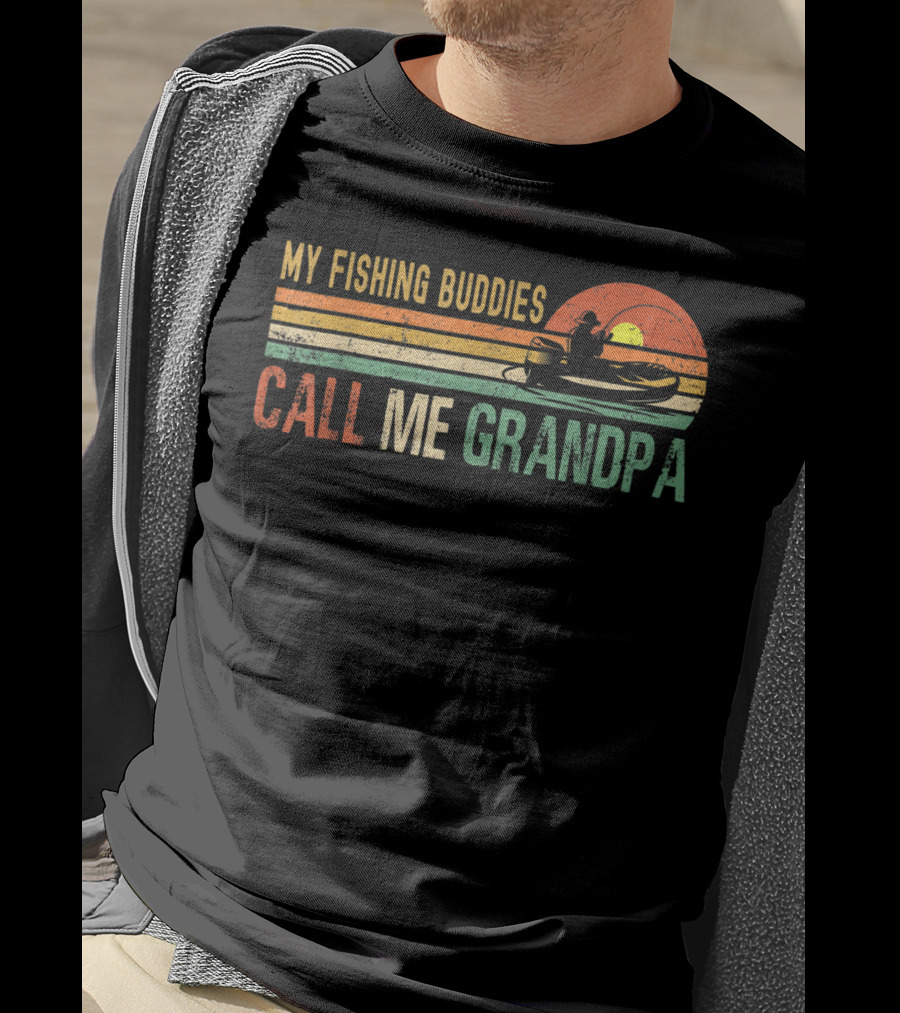 My Fishing Buddies Call Me Grandpa Vintage Sunset Boat Fishing T-Shirt