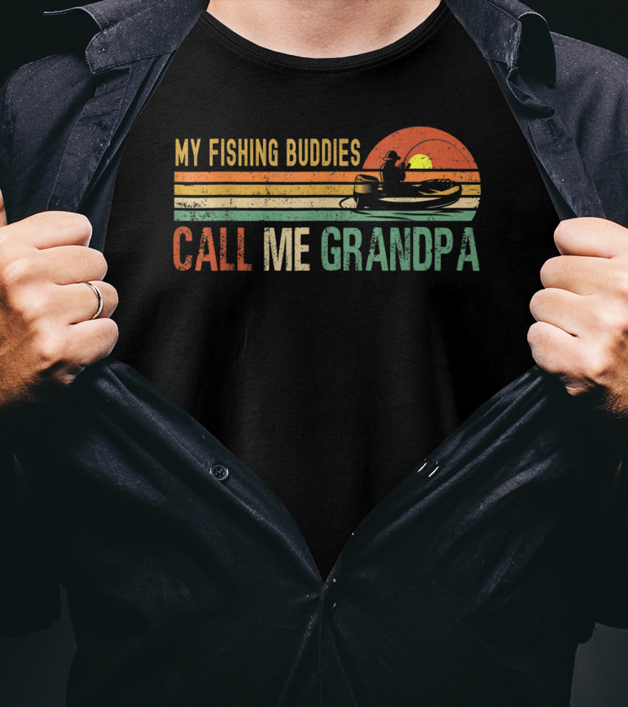 My Fishing Buddies Call Me Grandpa Vintage Sunset Boat Fishing T-Shirt