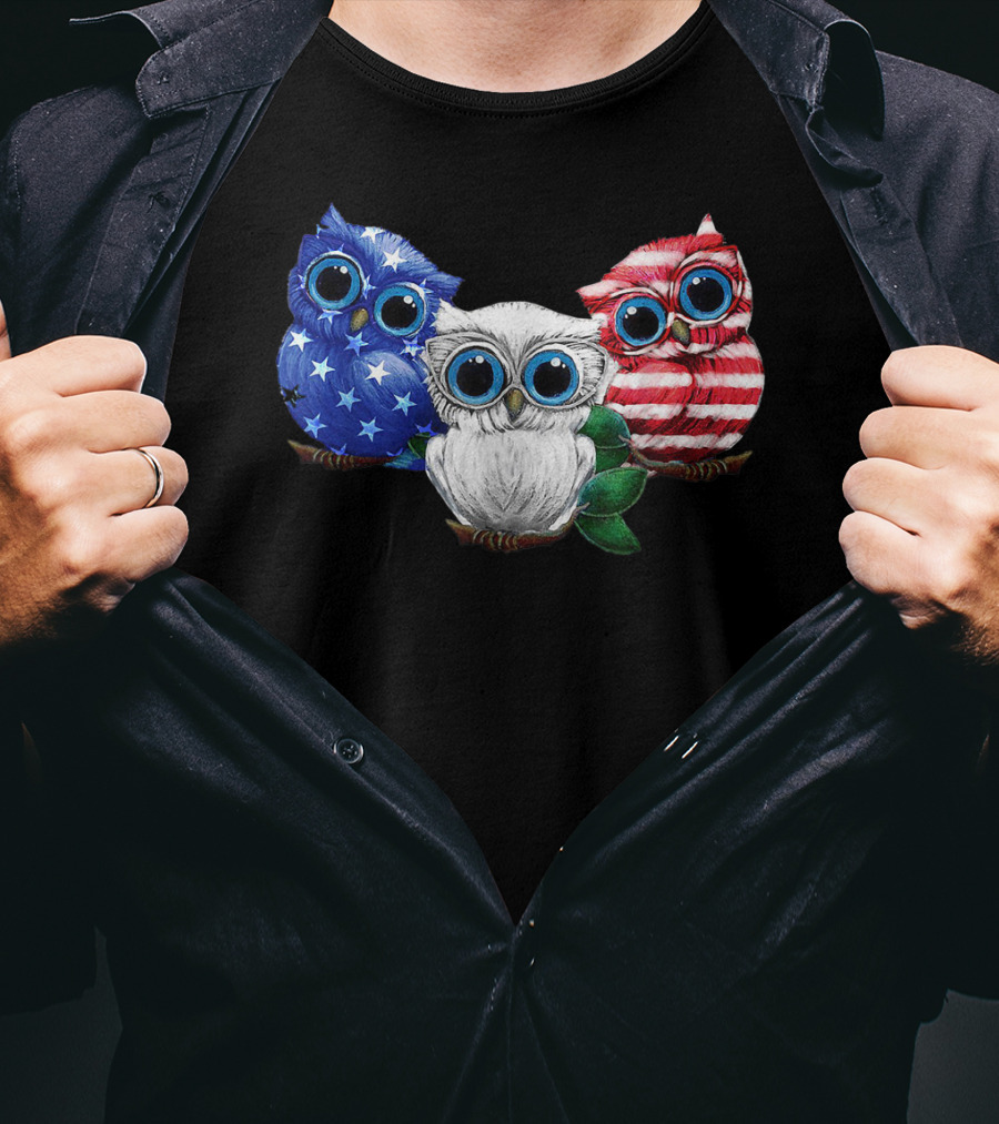 Patriotic Red White Blue Owl Trio T-Shirt