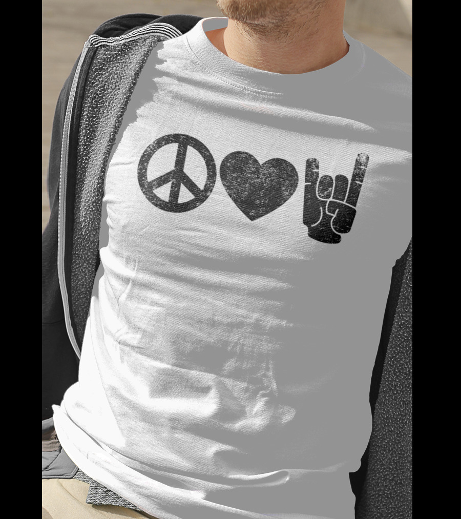 Peace Love Rock And Roll Icons Symbolizing Harmony Affection And Music Enthusiast Gesture T-Shirt
