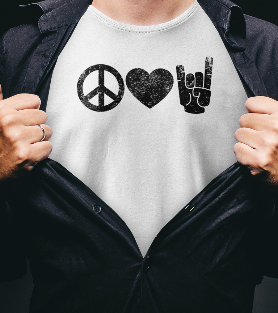 Peace Love Rock And Roll Icons Symbolizing Harmony Affection And Music Enthusiast Gesture T-Shirt