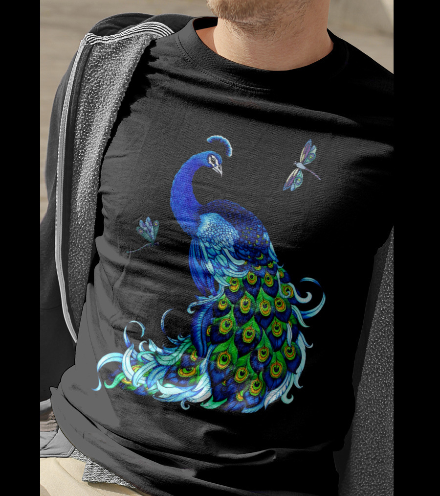 Peacock Elegance With Vibrant Dragonflies T-Shirt