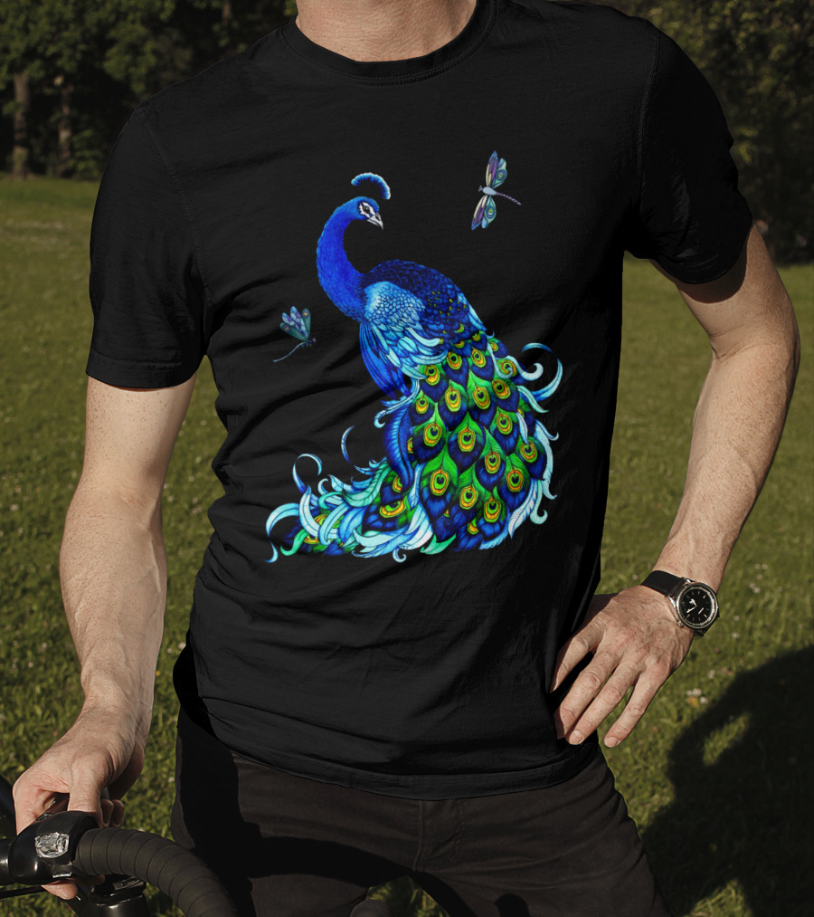 Peacock Elegance With Vibrant Dragonflies T-Shirt