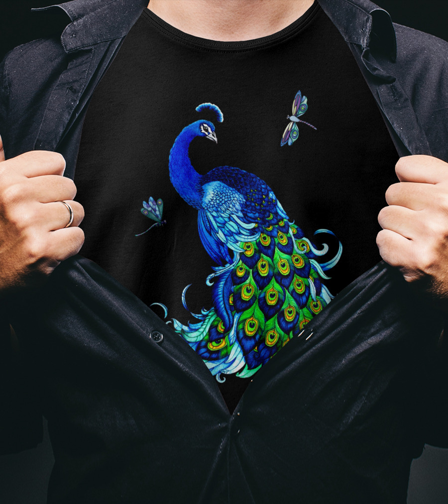 Peacock Elegance With Vibrant Dragonflies T-Shirt