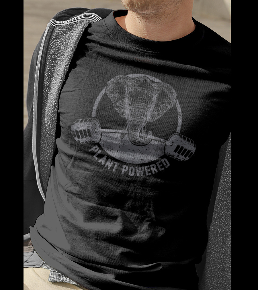 Plant Powered Elephant With Barbell Vegan Strength T-Shirt