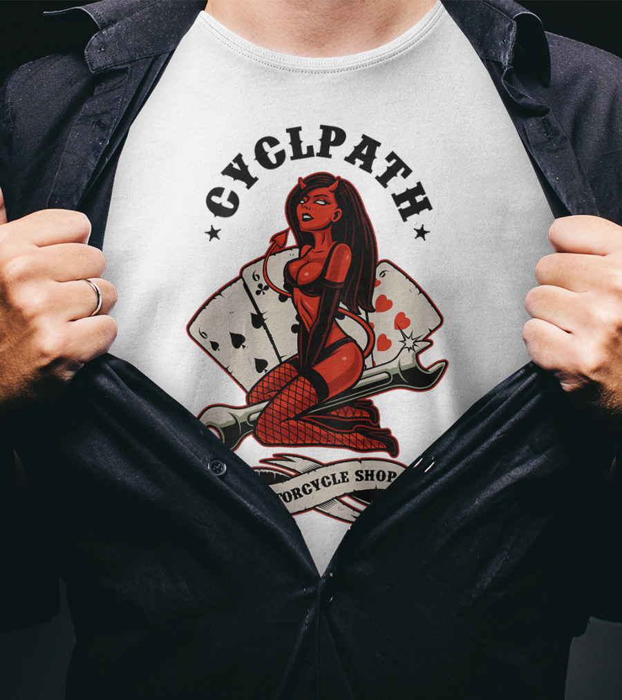 Cyclpath Red She Devil Motorcycle Shop Kirkland Poker Cards T-Shirt