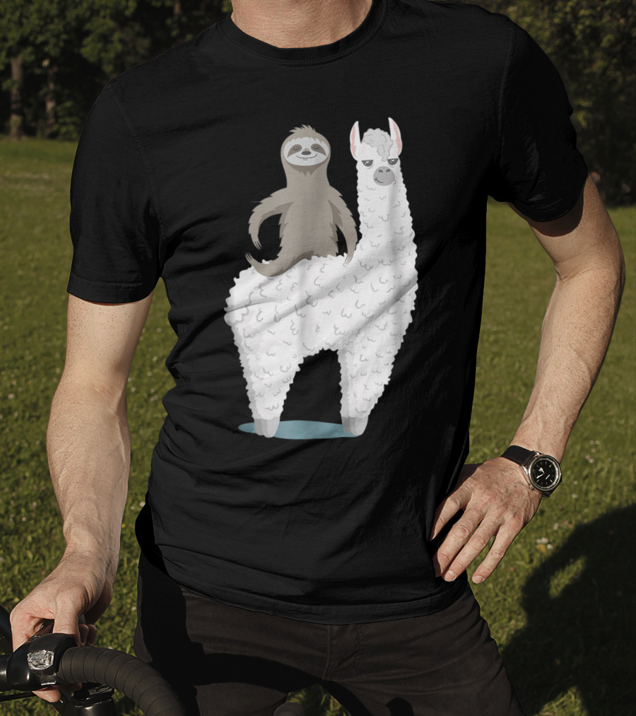 Sloth Joyfully Riding A White Llama T-Shirt