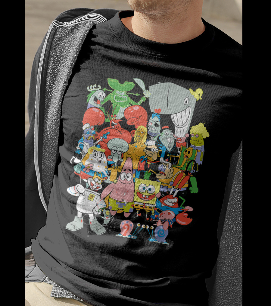 SpongeBob SquarePants Character Collage Featuring Patrick, Squidward, Sandy, Mr. Krabs, Plankton, And More T-Shirt