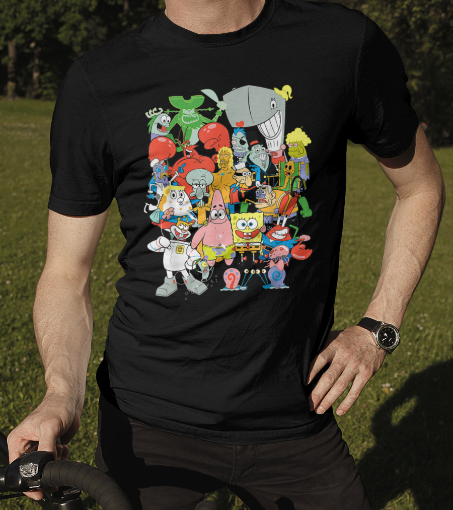 SpongeBob SquarePants Character Collage Featuring Patrick, Squidward, Sandy, Mr. Krabs, Plankton, And More T-Shirt