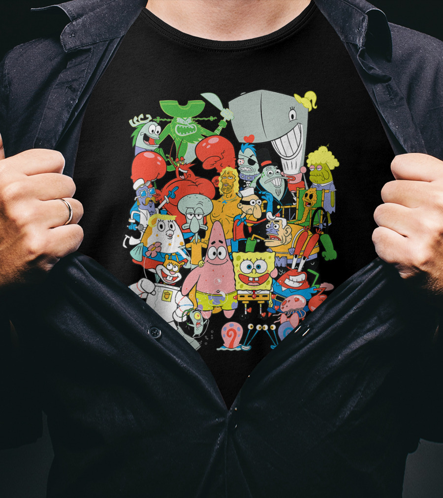SpongeBob SquarePants Character Collage Featuring Patrick, Squidward, Sandy, Mr. Krabs, Plankton, And More T-Shirt