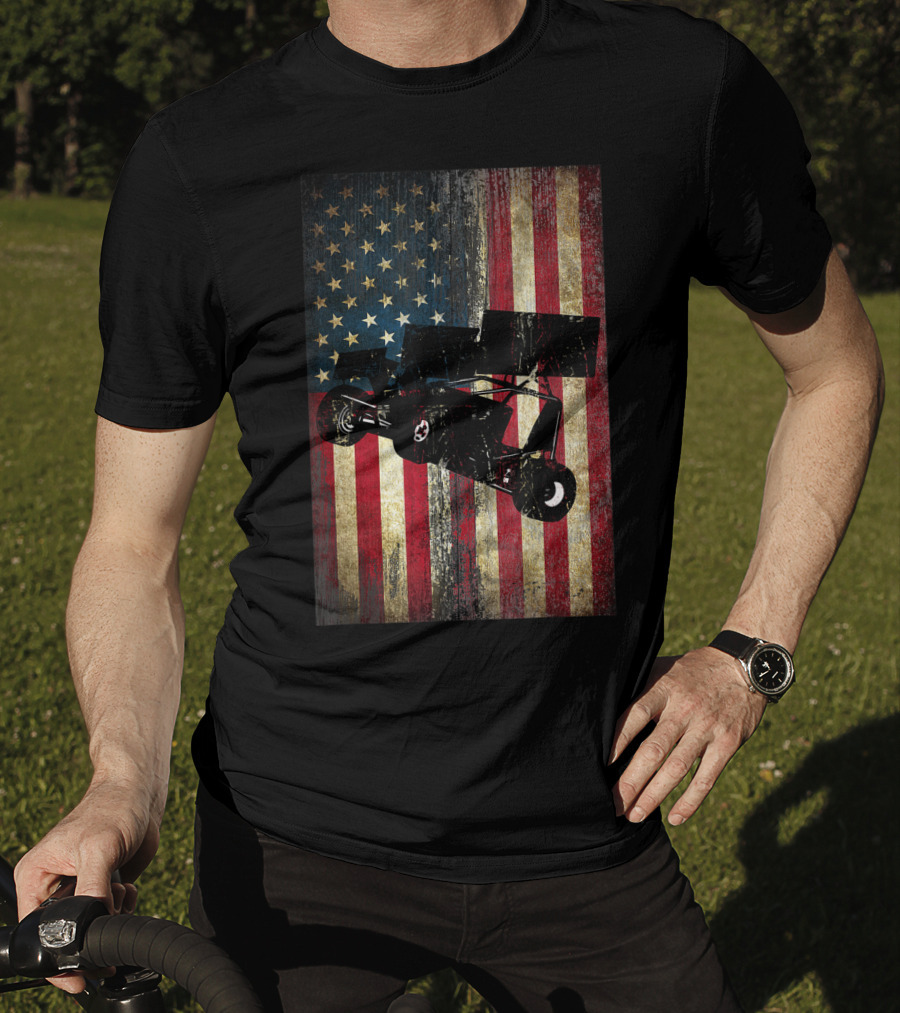Distressed American Flag With Sprint Car Racing T-Shirt