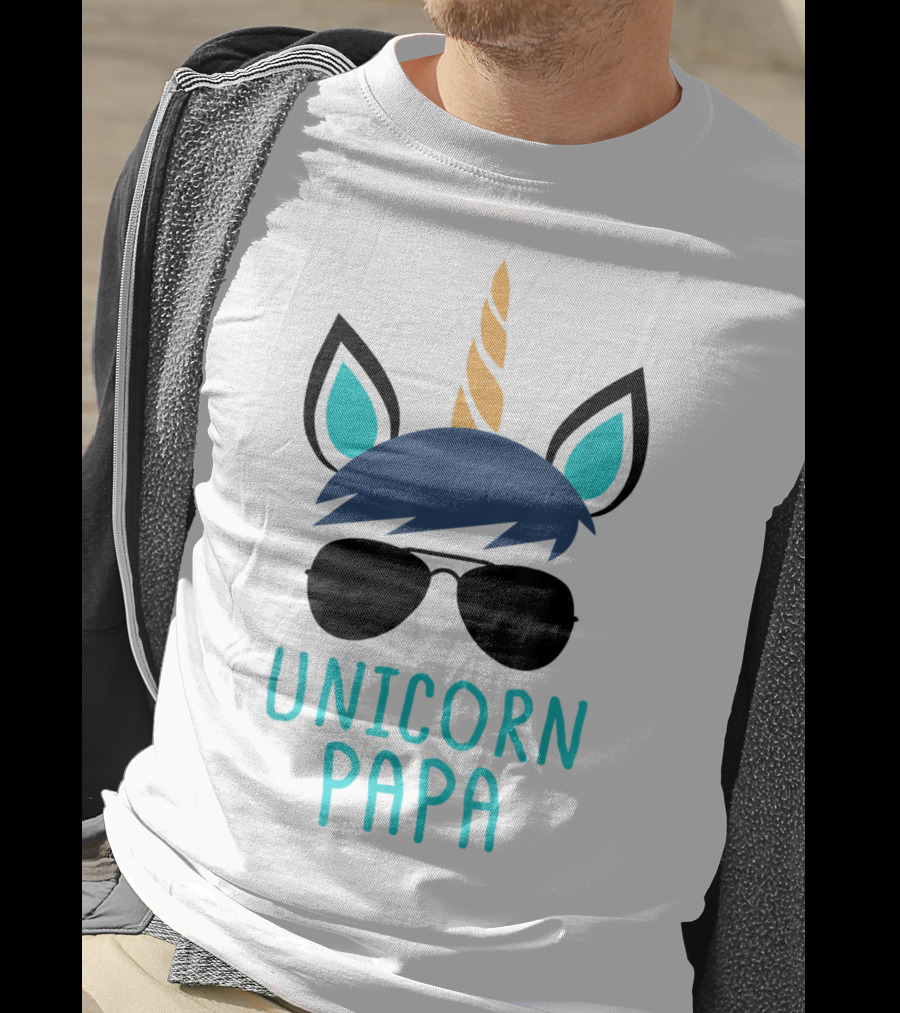 Unicorn Papa Sunglasses Blue Mane Horn Ears T-Shirt