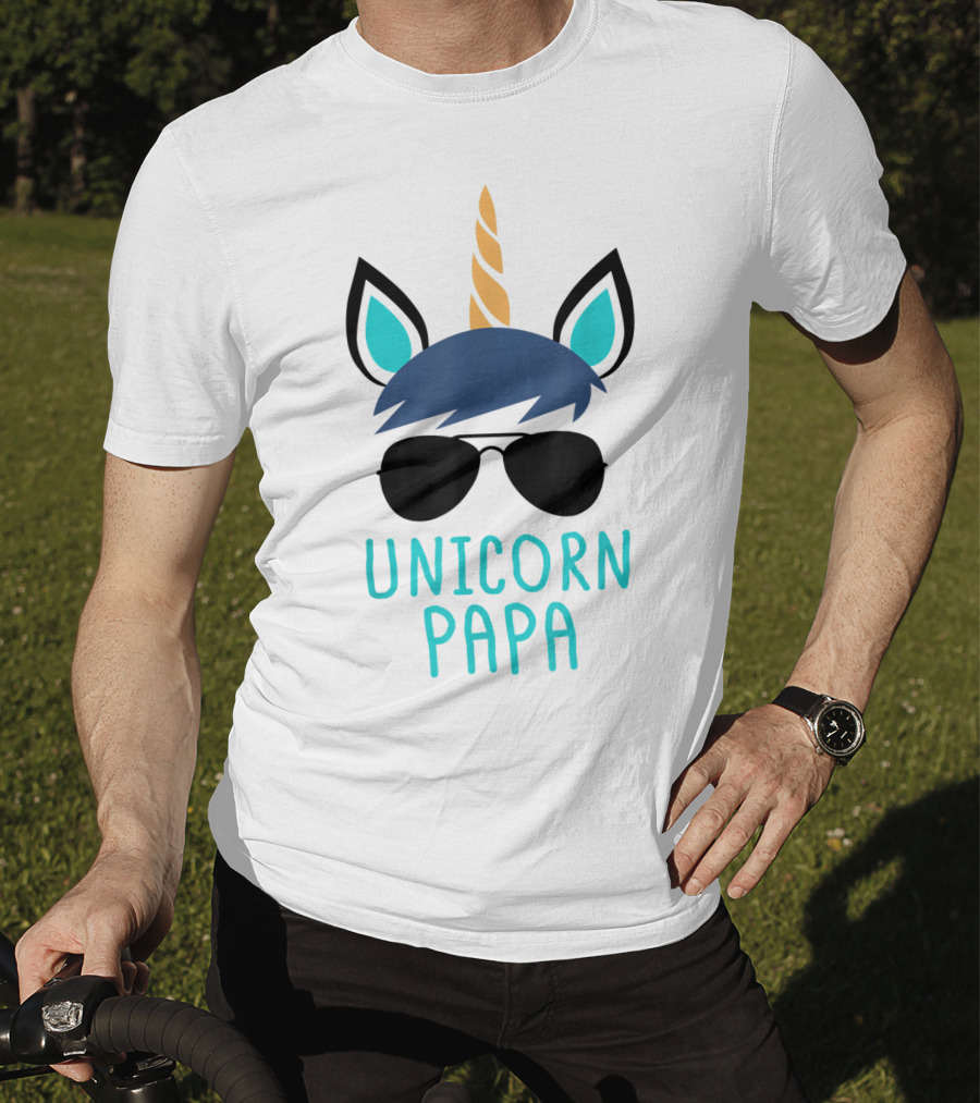 Unicorn Papa Sunglasses Blue Mane Horn Ears T-Shirt