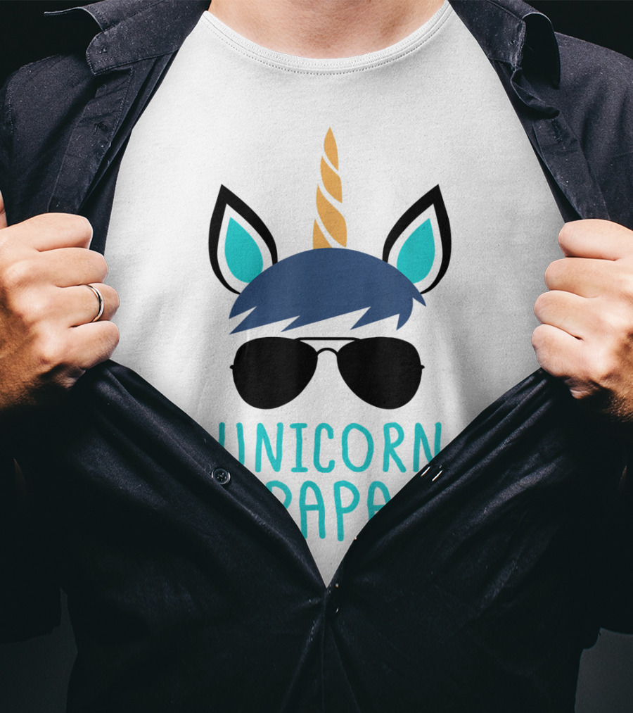 Unicorn Papa Sunglasses Blue Mane Horn Ears T-Shirt
