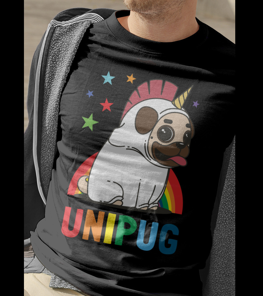 UNIPUG Rainbow Unicorn Pug Dog With Stars T-Shirt