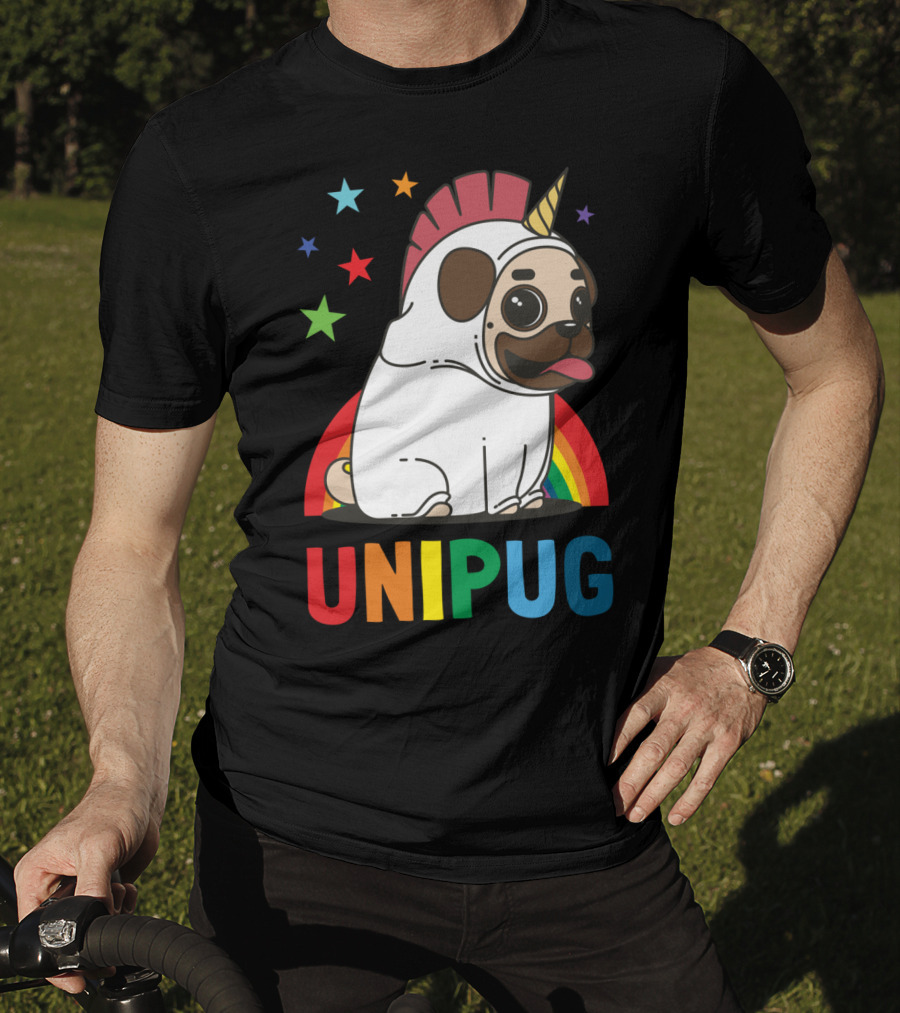 UNIPUG Rainbow Unicorn Pug Dog With Stars T-Shirt