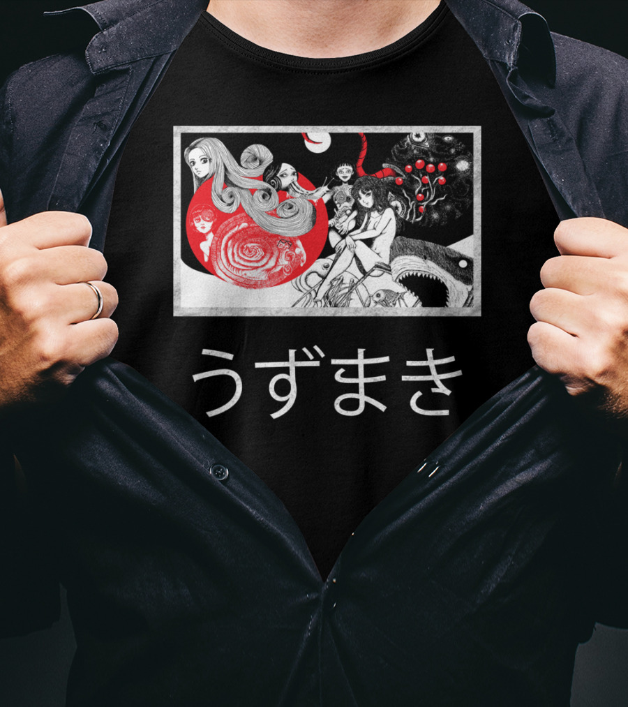 Uzumaki Japanese Horror Surreal Spiral Art With Monsters And Characters T-Shirt